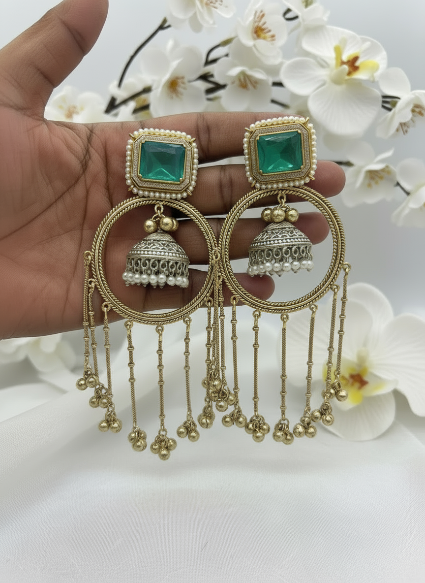 Kashmiri Noor Emerald Chandbali – Heritage Statement Earrings with Pearl Detailing