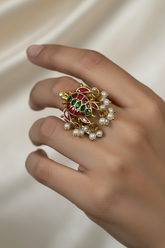 Jaipuri Pacchi Kundan Turtle Ring with Pearl Detailing – MOP & Multicolor Variants | Alankrent