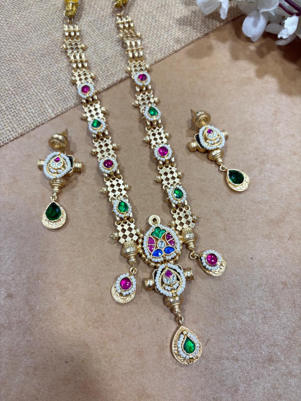 Padmakshi Dualtone SLA Gold Matt Kundan Fusion Long Necklace Set – Ready Stock | Alankrent Jewellery