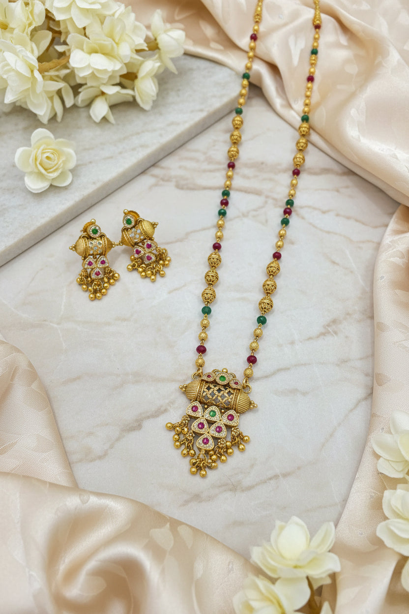 Vasudha Heritage Kundan Long Necklace Set with Pendant and Earrings | Traditional Indian Jewellery