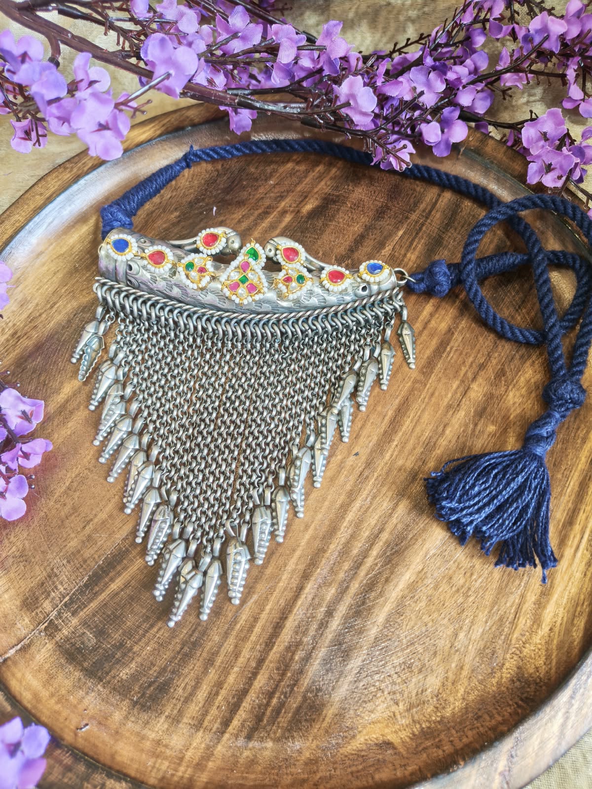 Rajwada Kundan Fusion Tribal Fringe Necklace in Silver Look SLA Polish