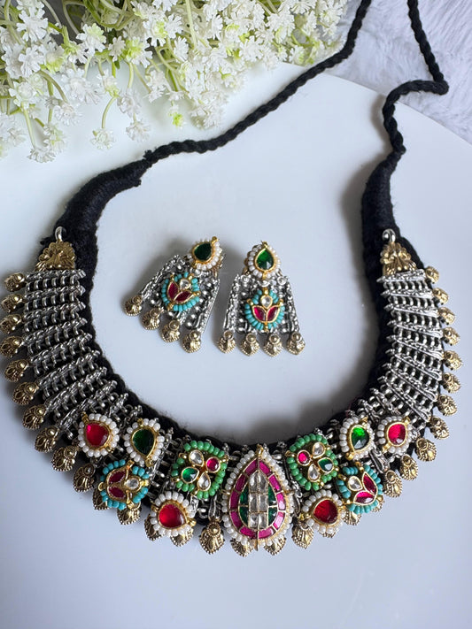 Rajwada Kundan Statement Choker with Cotton Thread Padding and Earrings