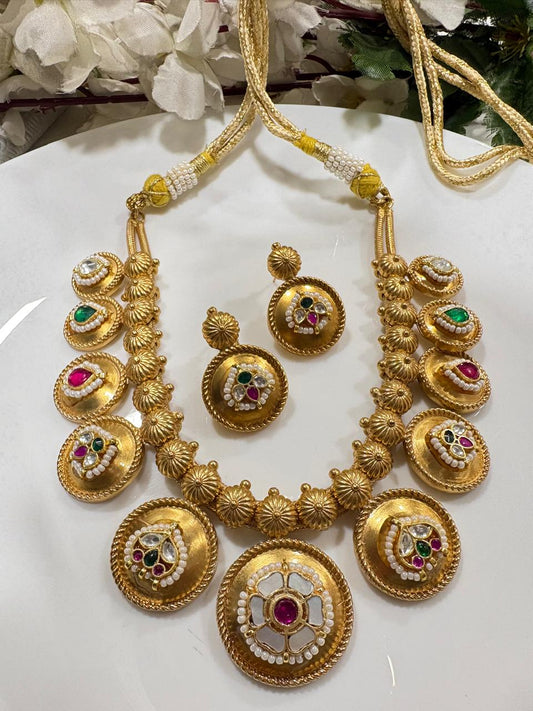 MOP Kundan Fusion Golden Necklace Set with Earrings | Premium Gold Matt Finish | Ready Stock | Alankrent