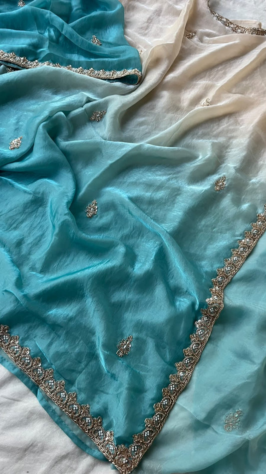 Aaranya Turquoise Luxe Saree | Turquoise Blue Pure Lycra Saree with Fancy Coding Work and Contrast Ivory Blouse