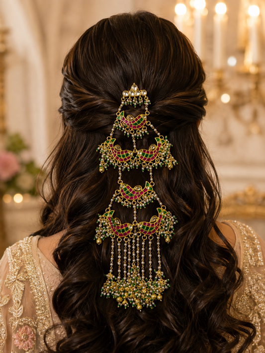 Mayurika Heritage Jadtar Pacchi Kundan Hair Accessory | Bridal Hair Jewellery for Women