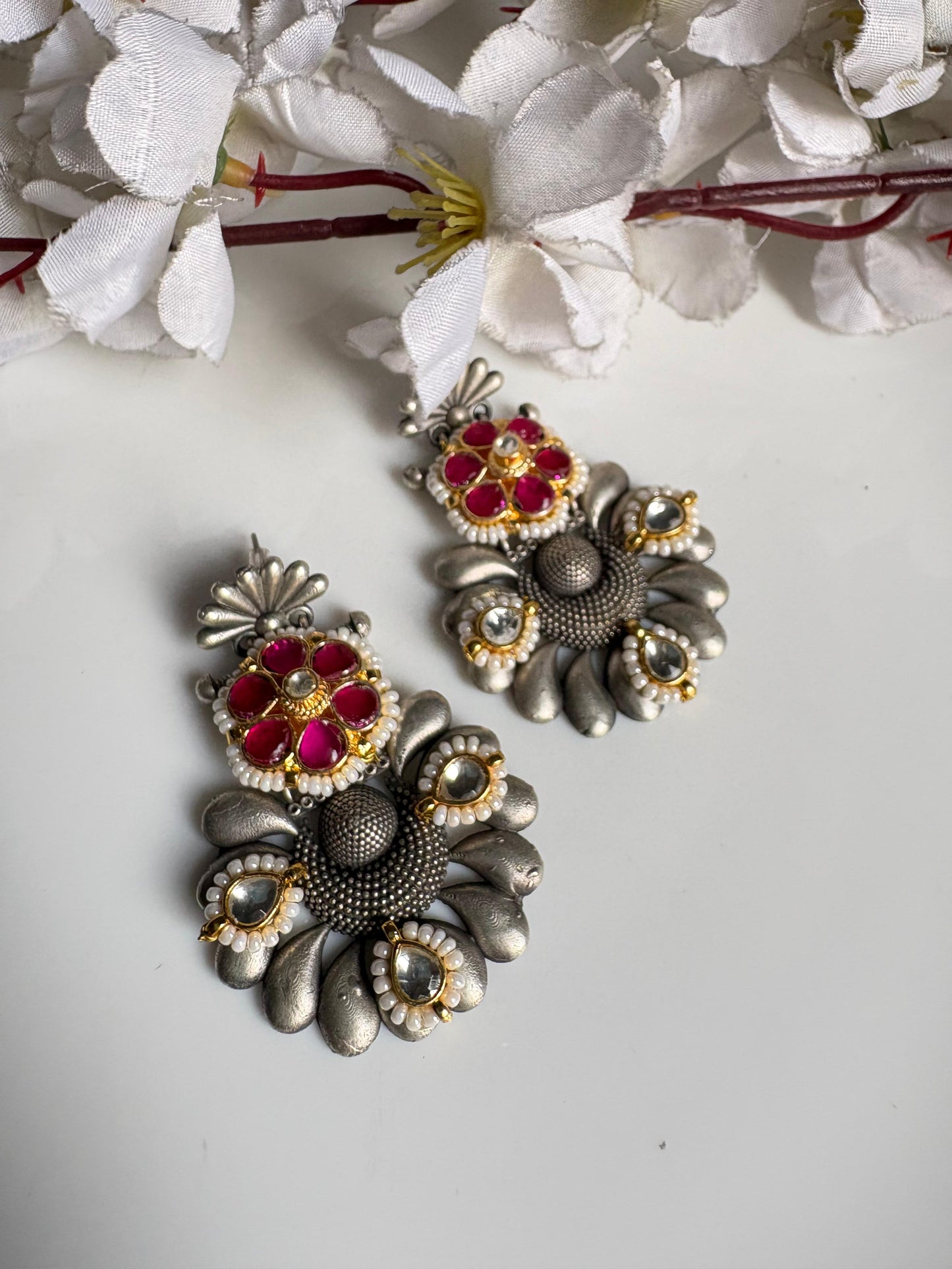 Ruhani Antique Silver Kundan Statement Earrings | Dual Tone Floral Ethnic Earrings