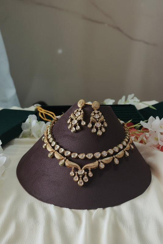 Aarunya Royale Layered Moissanite Polki Necklace Set | Luxury Bridal Statement Necklace with Designer Earrings | Premium Wedding Jewellery
