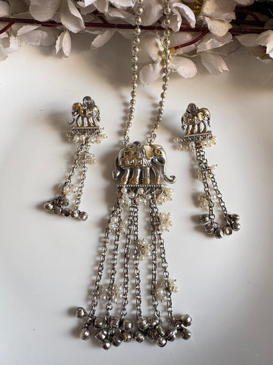 Royal Elephant Silver Necklace Set with Matching Earrings