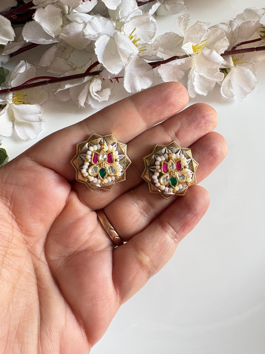 Varnika Pushp SLA Dualtone Kundan Stud Earrings with Pearl Detailing & Pink Green Stones | Budget Friendly Ethnic Jewellery | Alankrent