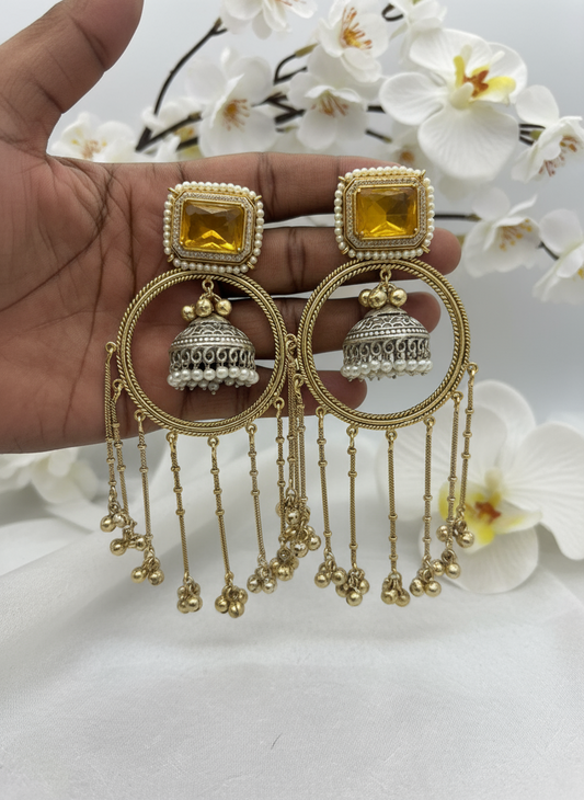 Kashmiri Noor Emerald Chandbali – Heritage Statement Earrings with Pearl Detailing