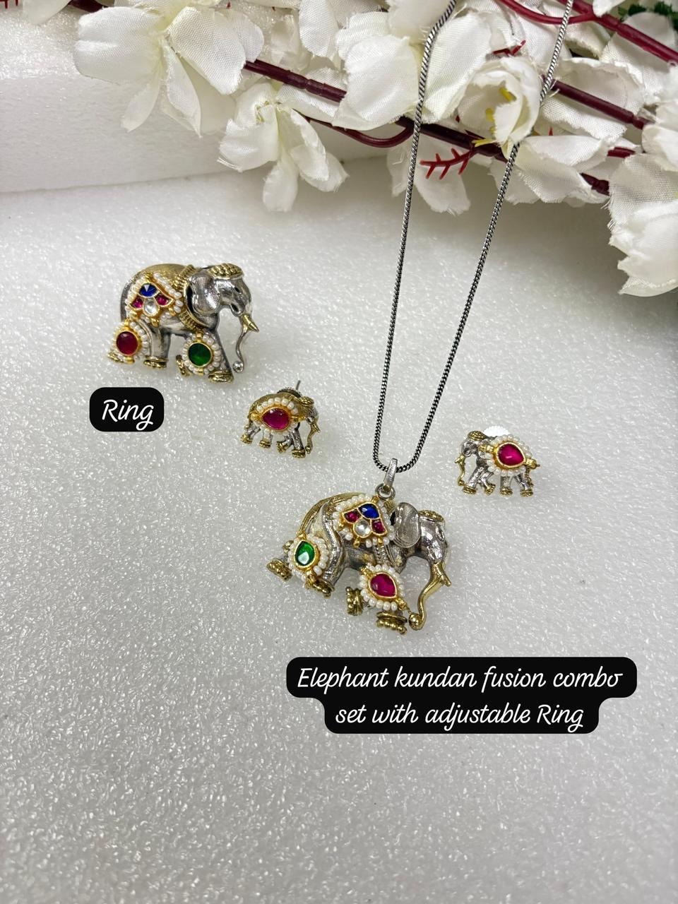 Elephant Kundan Fusion Pendant Set with Adjustable Ring | SLA Finish Brass Jewellery Combo Set | Alankrent | AK-20260111-EL16 by Alankrent