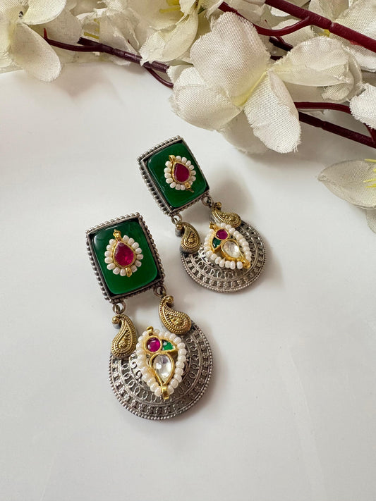 Dual Tone Kundan Drop Earrings | Silver Look Alike Polish | Handcrafted Brass Base with Pearl Detailing – Available in Green, White & Pink