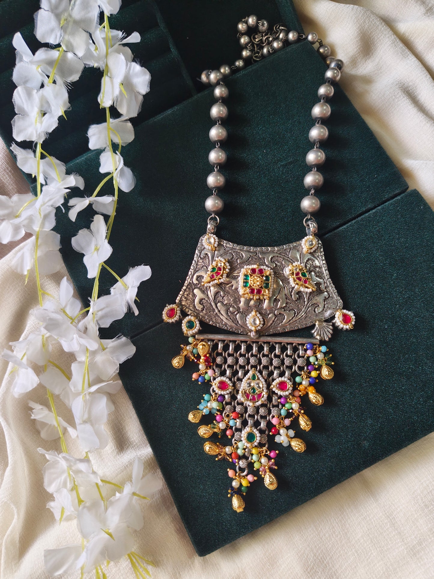 Gajraja Heritage Dual Tone Kundan Long Necklace | SLA Silver Look-Alike Elephant Pendant Statement Necklace
