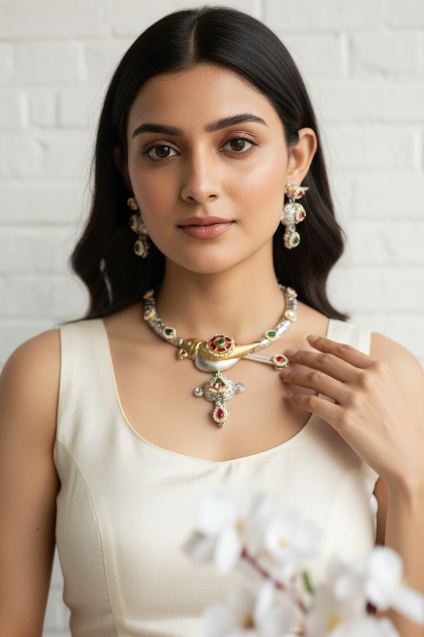 Mayurika Kundan Hasli Necklace Set with Earrings | SLA Dualtone Heritage Jewellery