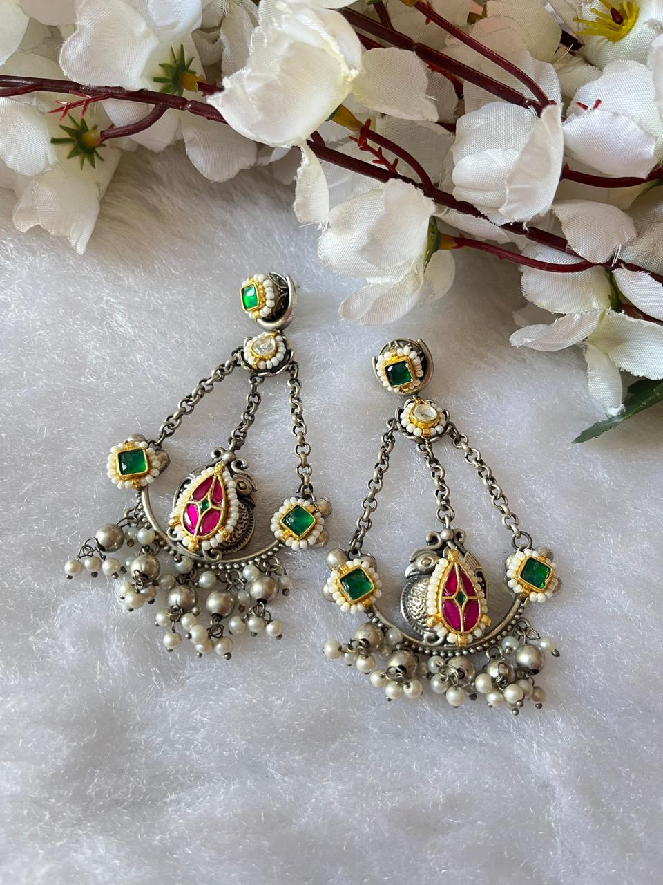 Alankrent Mayuri Chain Chandbali Danglers Dual Tone Kundan Earrings With Pearls Green Stones by Alankrent