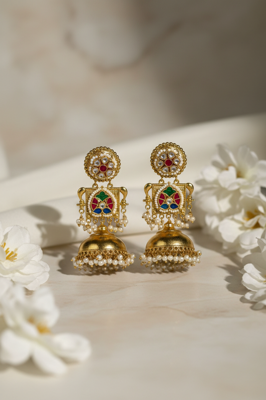 Kanakprabha Gold Matt Fusion Pachi Kundan Jhumka Earrings | Premium Brass Pearl Jhumkas | Designer Gold Matt Ethnic Earrings | Alankrent Luxe