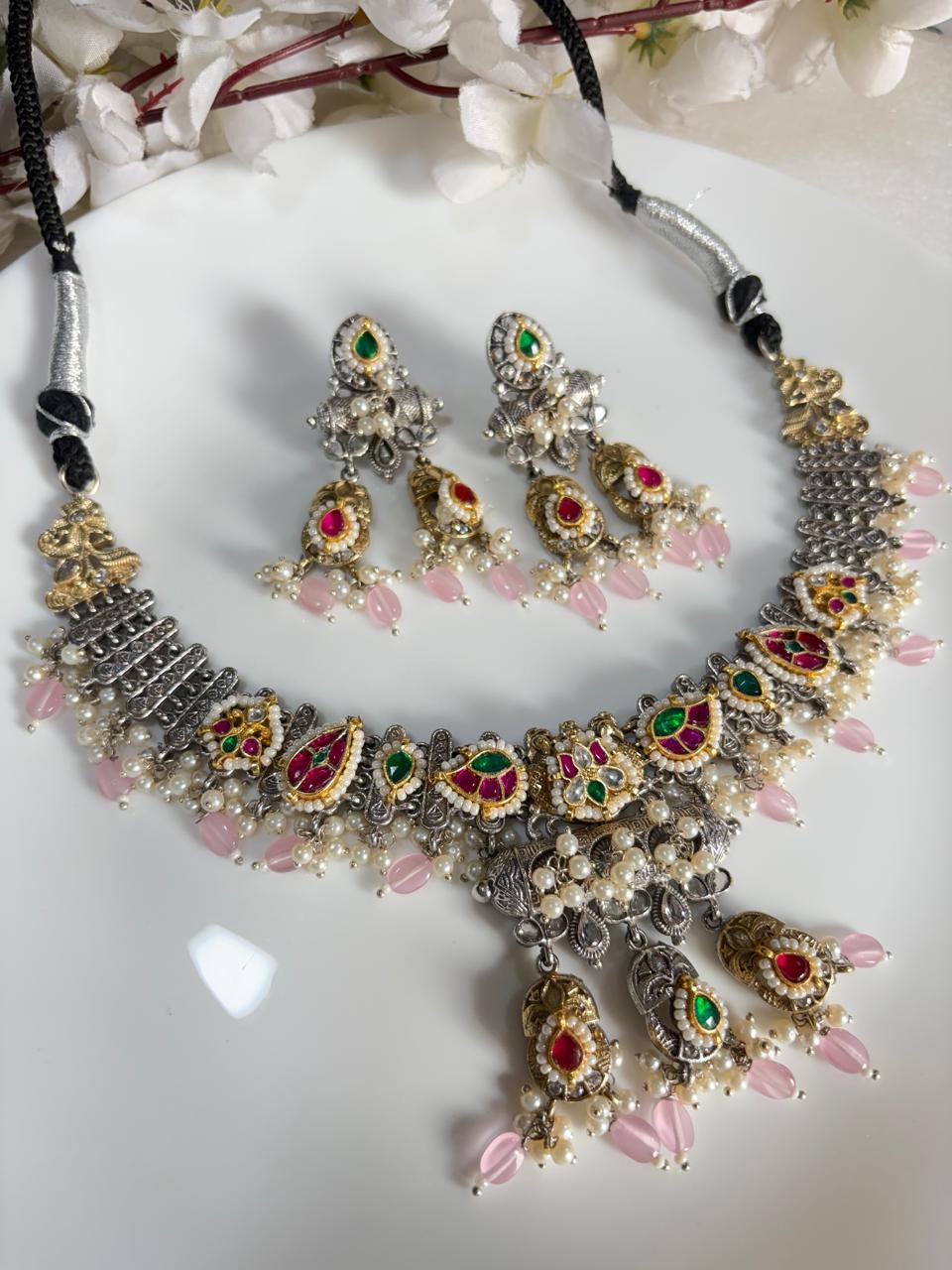 Padmavati Navrang Dual Tone SLA Kundan Necklace Set with Pink Bead Drops & Earrings | Premium Ethnic Jewellery Ready Stock | Alankrent | AK-NV-PD09 by Alankrent