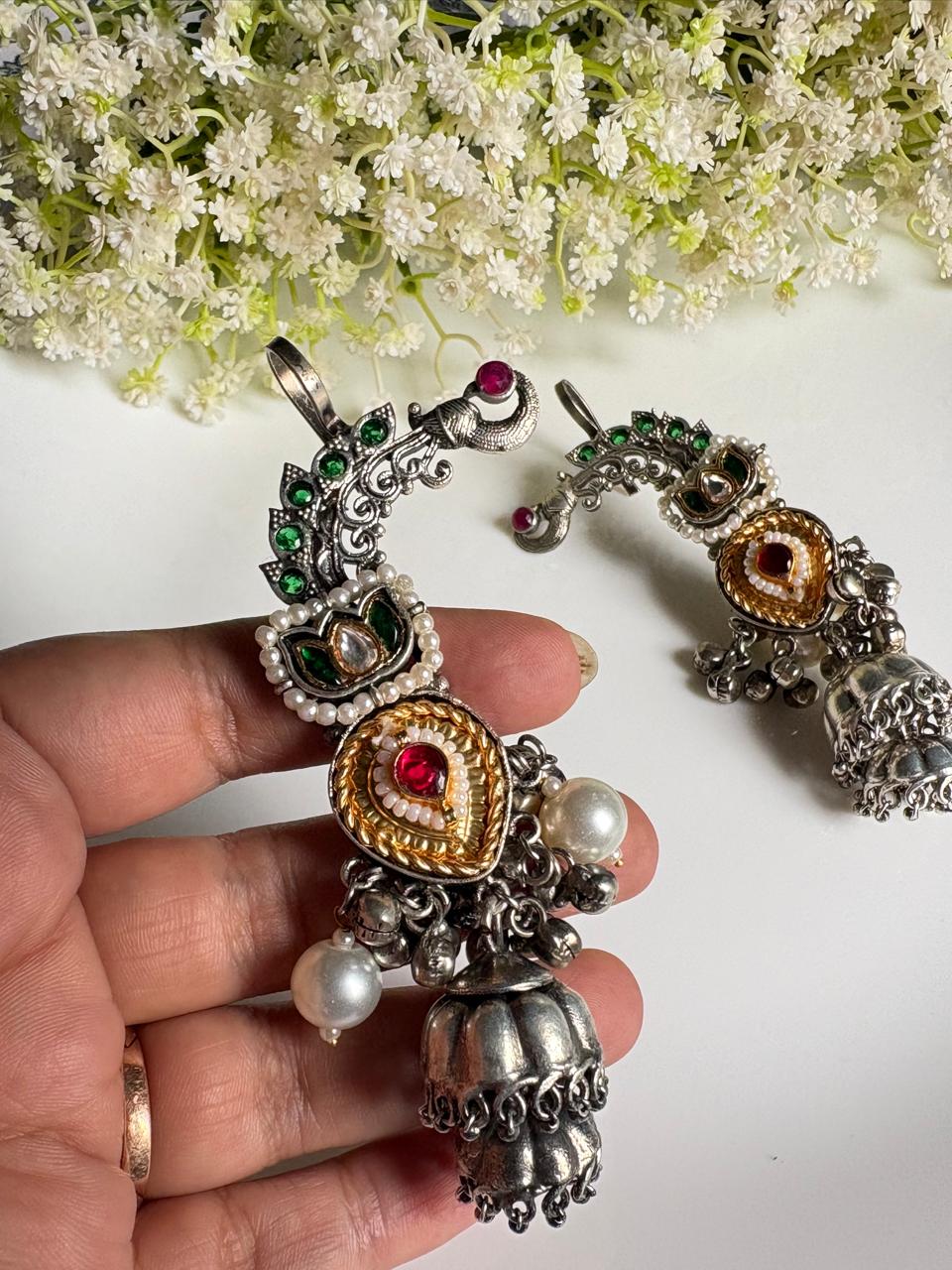 Rajwada Antique Statement Earcuff | Kundan Jhumka Earcuff with Pearls