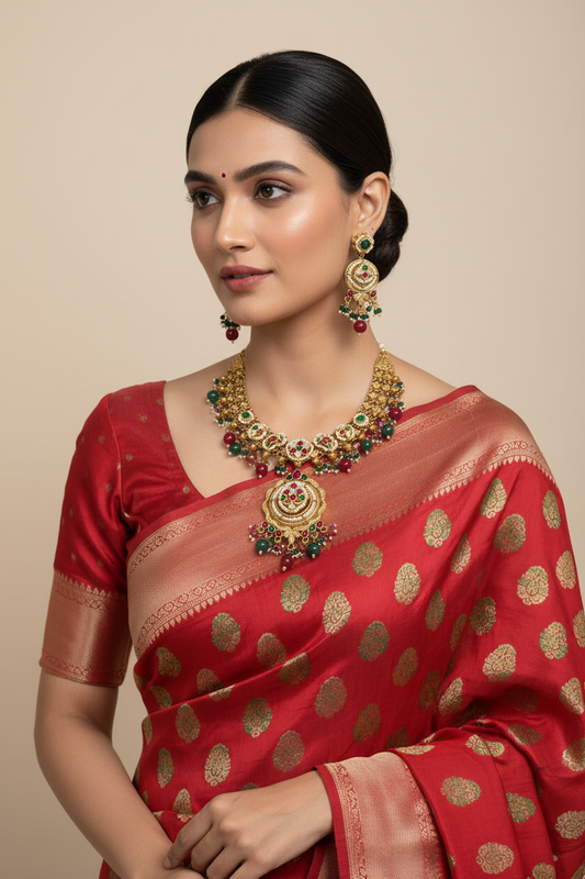 SLA Gold Matt Kundan Fusion Necklace Set with Earrings | Premium Collection | Ready Stock | Alankrent | AK-20260112-NK41