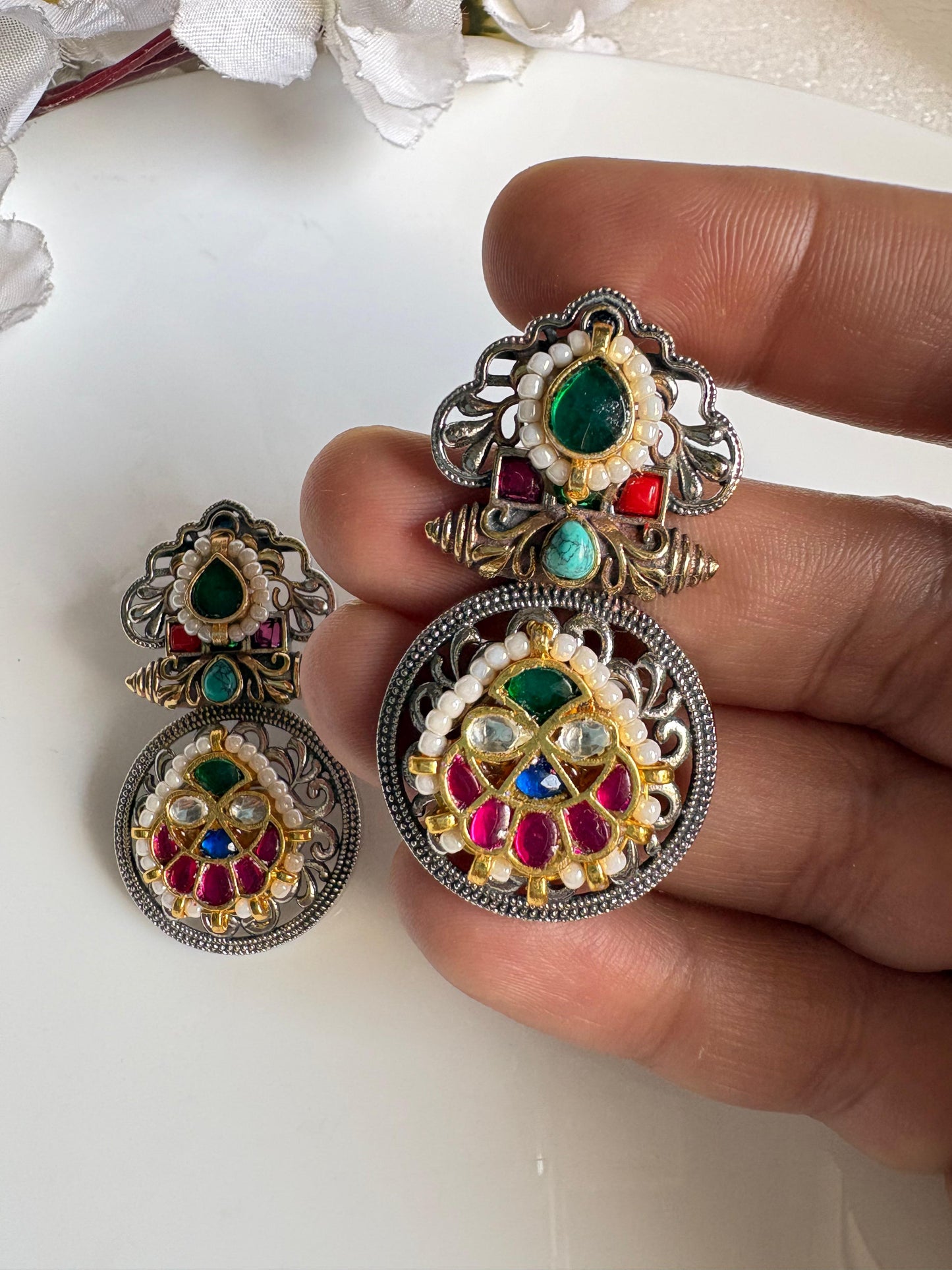 Alankrent Shringar Fusion Stud Danglers German Silver Oxidised Earrings With Kundan Meenakari