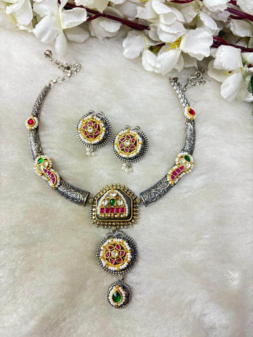 Navratri Kundan Silver Necklace Set with Earrings – Festive Jewellery for Durga Puja & Garba Nights - Alankrent Luxe
