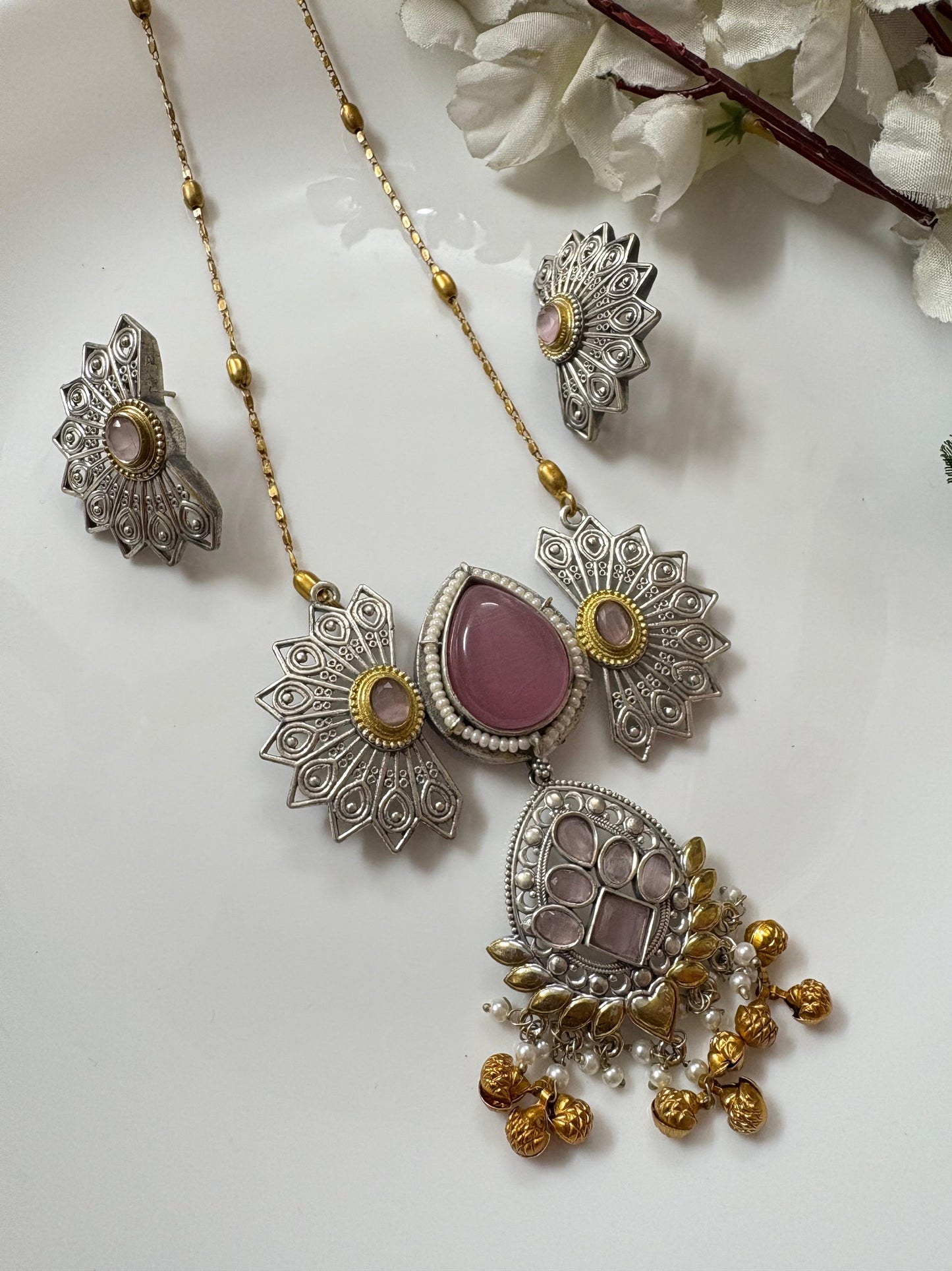 Statement Silver and Gold Finish Necklace and Earring Set with Multi-Color Stone Options