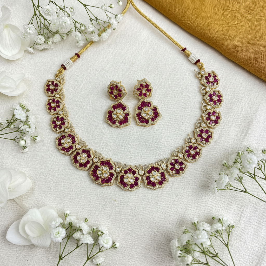 Victorian Floral Kundan Necklace Set With Ruby Tone Stones Matching Earrings Elegant Bridal Jewellery by Alankrent