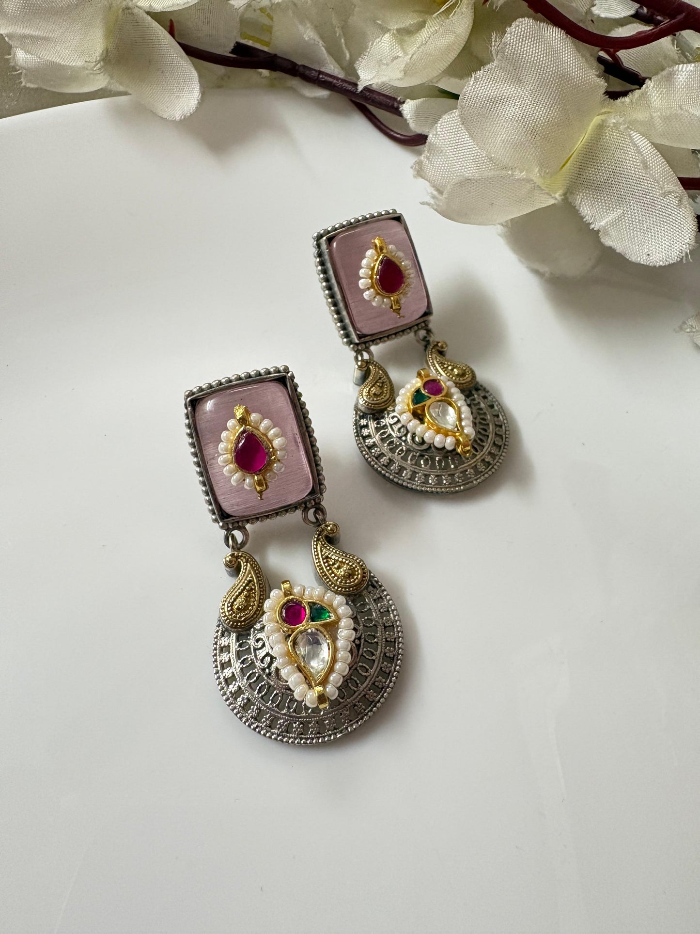 Dual Tone Kundan Drop Earrings Silver Look Alike Polish Handcrafted Brass Base With Pearl Detailing Available In Green White Pink by Alankrent