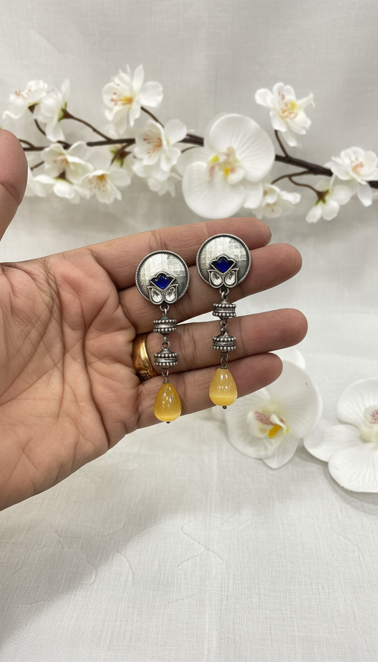 Silver Look Alike Lotus Motif Earrings | Handcrafted Brass Base with Gemstone Drops – Available in Pink, Green, Red & Yellow | Limited Edition