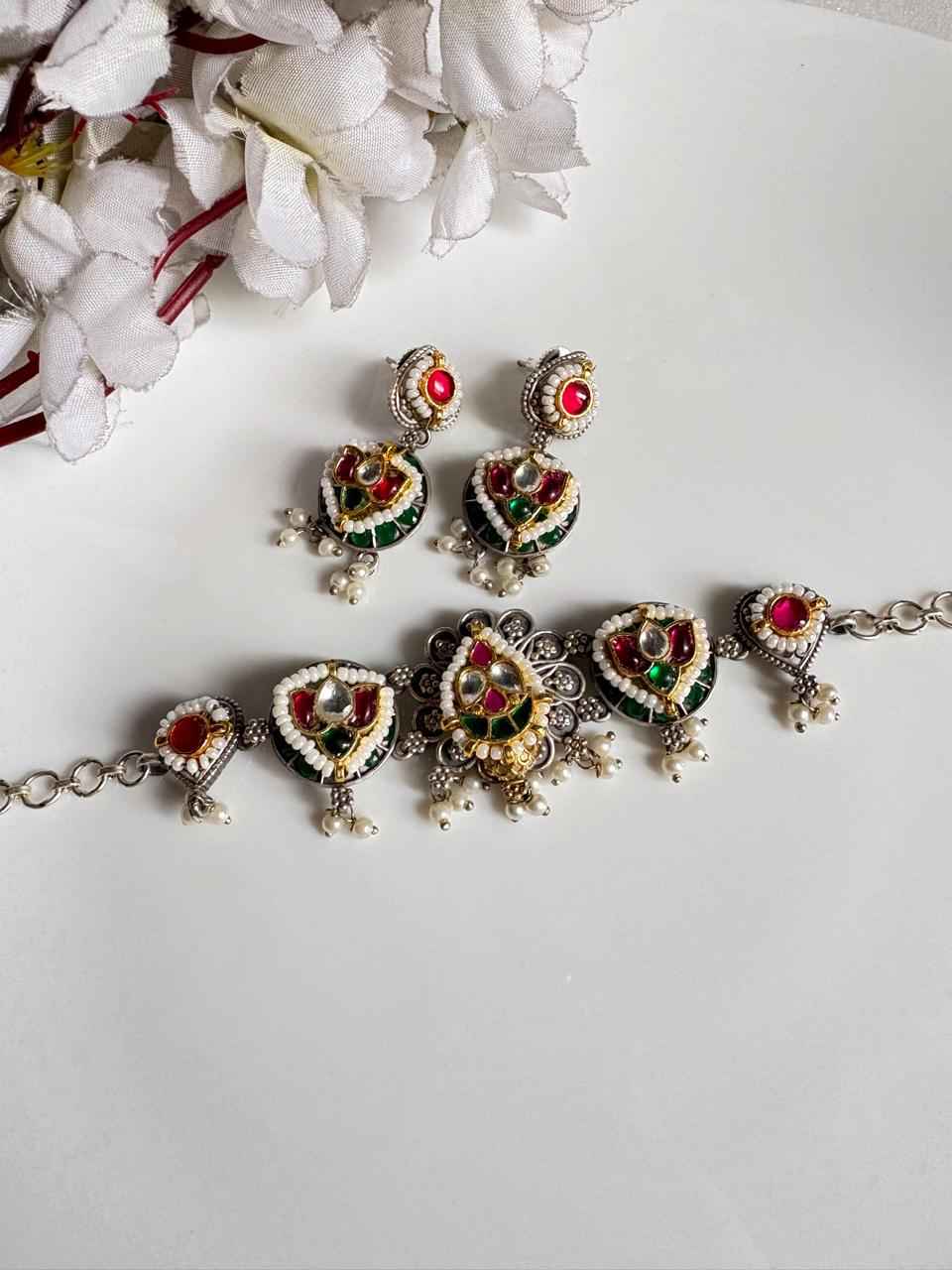 Rangmahal Premium SLA Dualtone Kundan Fusion Choker Necklace with Earrings for Women