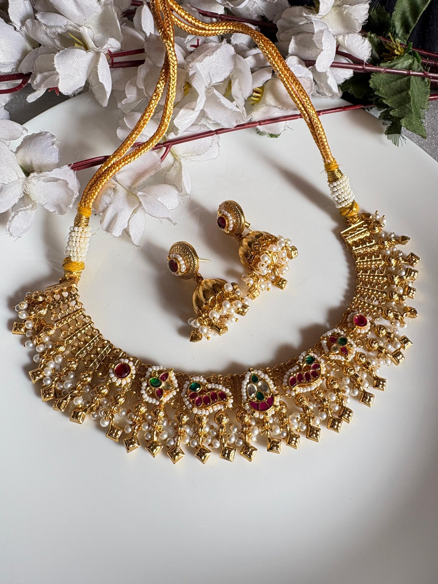 Gold Matt Kundan Necklace Set with Earrings Limited Edition Wedding Jewellery Handcrafted Indian Kundan Jewellery | Premium Statement Necklace Set Online by Alankrent