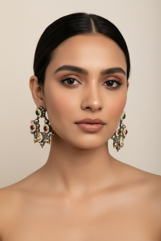 Dual Tone Polki Kundan Earrings with Pearl Detailing | Silver Look Finish | Brass Base | Alankrent | AK-20260117-PKE27