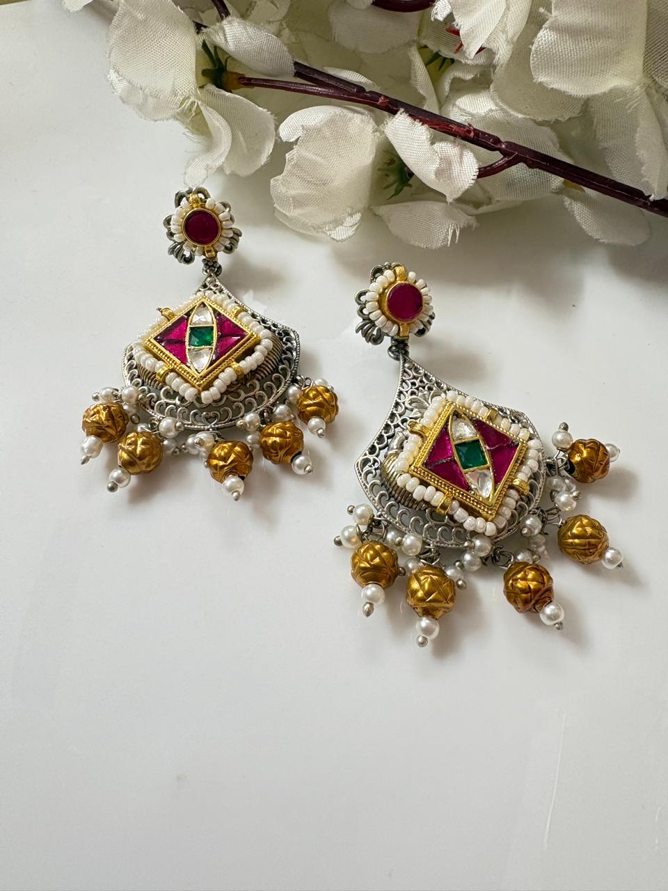 "Rani" Handcrafted Dual-Tone Meenakari & Pearl Dangler Earrings