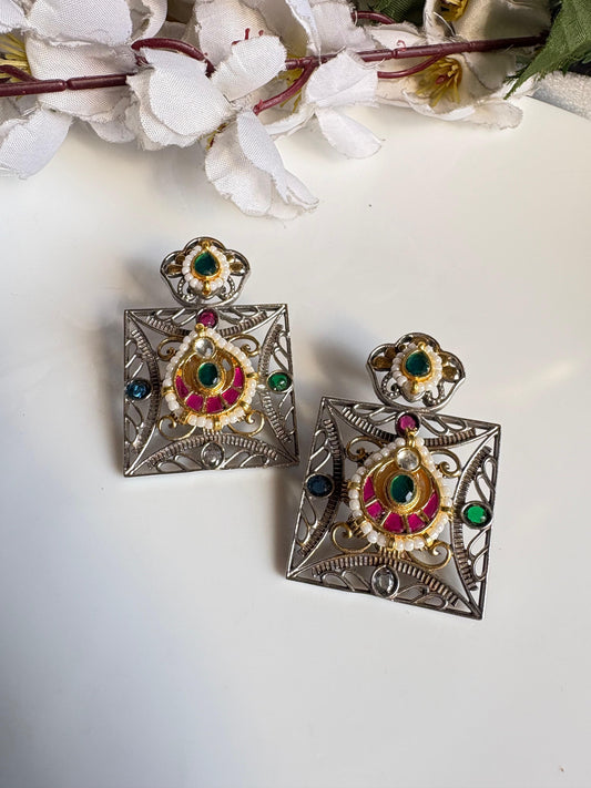 Square Kundan Stone SLA Fusion Earrings with Pearl Detailing | Traditional Statement Earrings