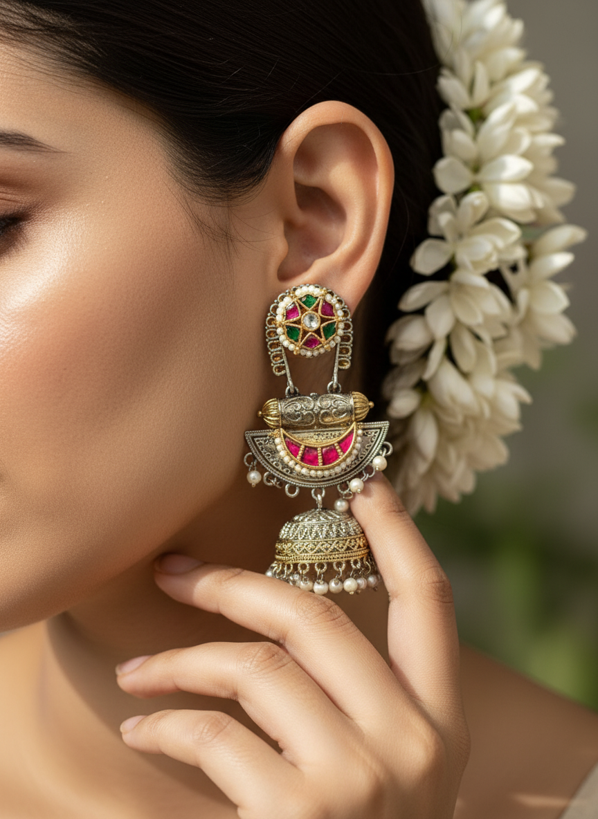 Alankrent Narthaki Dual-Tone Jhumka Danglers – Meenakari, Pearl & Kundan Long Earrings