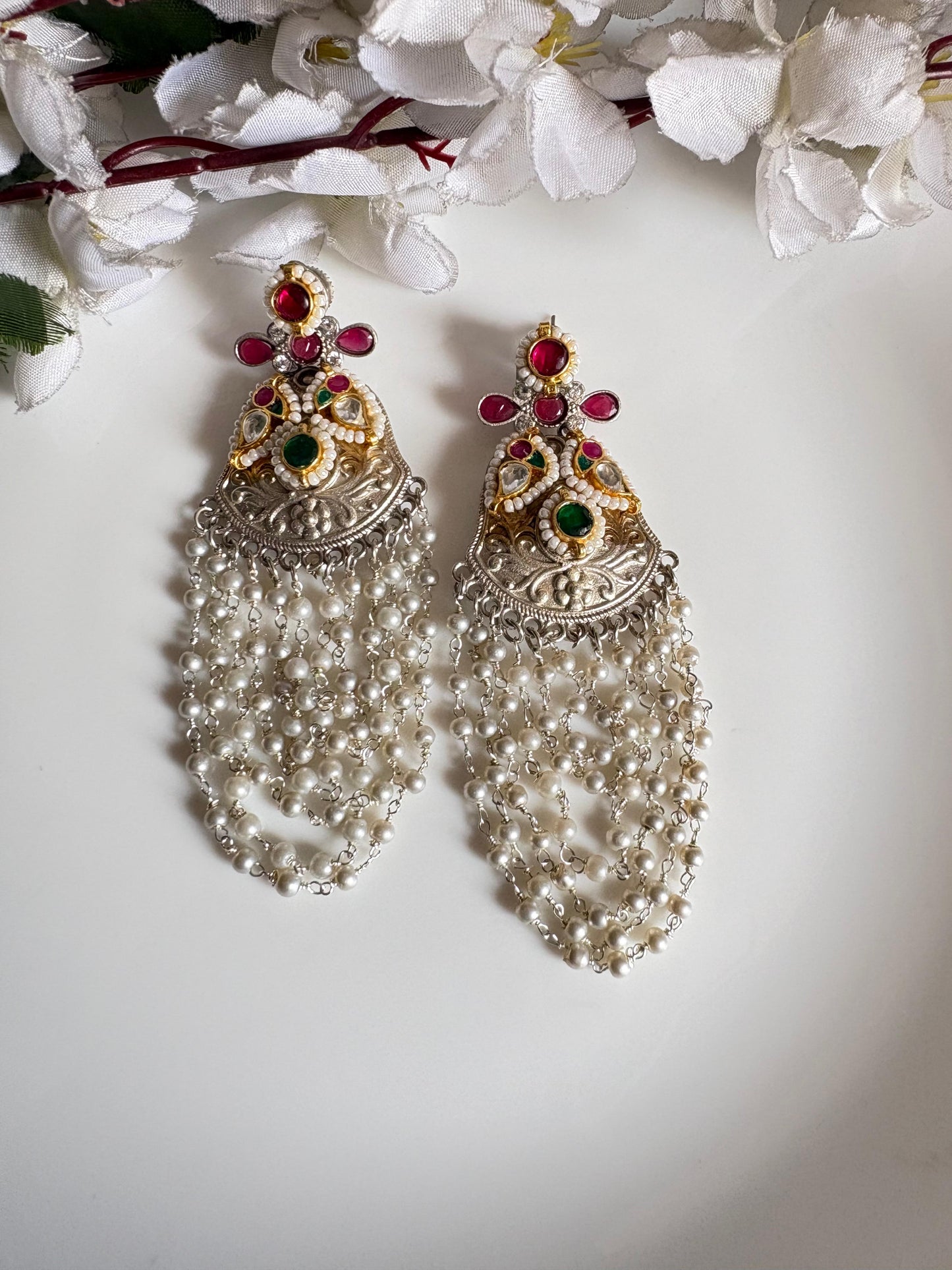 Rajeshwari Haarika Long Premium Kundan Fusion Earrings with Multi-Layer Pearl Chains | Dualtone Statement Wedding Jewellery | Alankrent