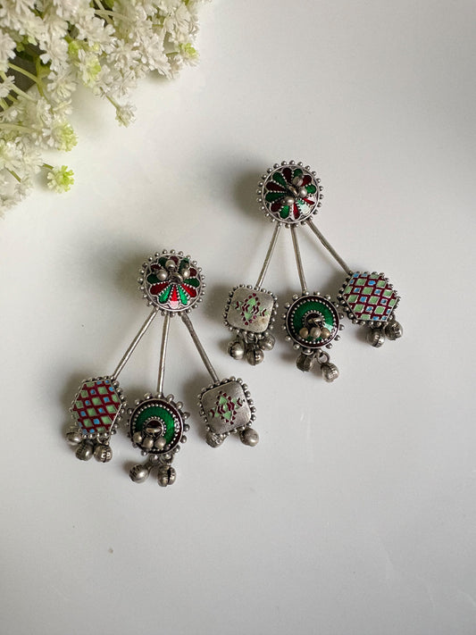 Miraaya Hand-Painted Multicolour Oxidised Silver Look Earrings
