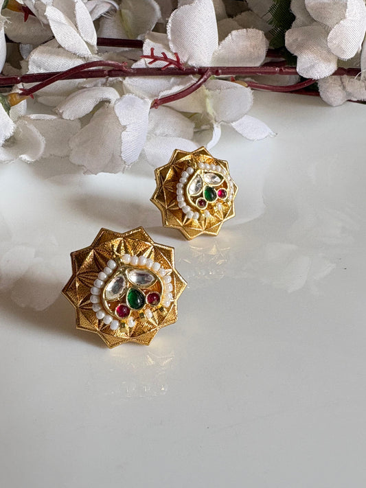 Suramya Pushpa Gold Matt Kundan Stud Earrings with Pearl & Green Ruby Accents | Budget Friendly Ethnic Jewellery | Alankrent