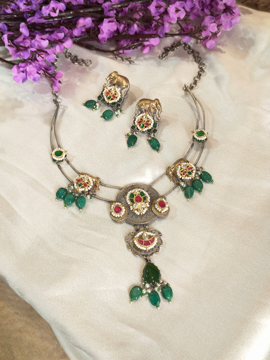 Gajraj Elephant Hasli Necklace with Green Stone Drops and Matching Earrings