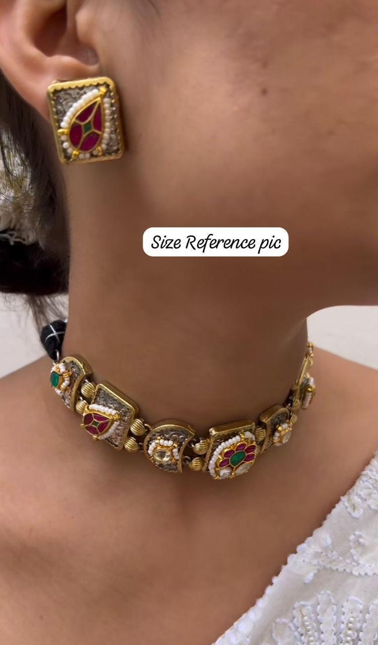 Riwaayat Dual Tone Kundan Choker with Earrings | Premium Ethnic Jewellery