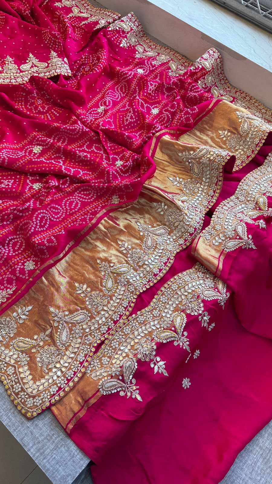 Luxury Gajji Silk Bandhani Saree with Zardozi & Gotapatti Work – Designer Bridal Saree
