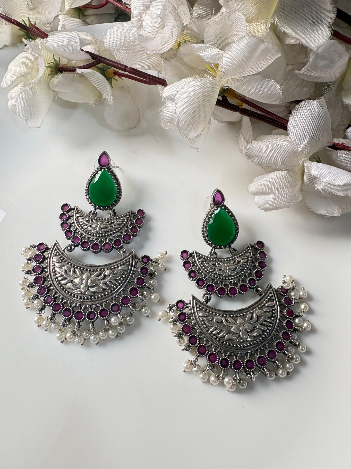 Silver Look Alike Chandbali Earrings With Pearl Fringe Brass Base Oxidised Finish Alankrent Ak Cbe - Alankrent Luxe