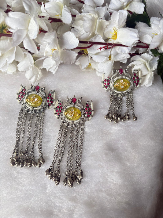 Mayur Varnika Dual Tone SLA Peacock Ring & Statement Earrings Combo | Temple Inspired Oxidised Silver Jewellery | Alankrent