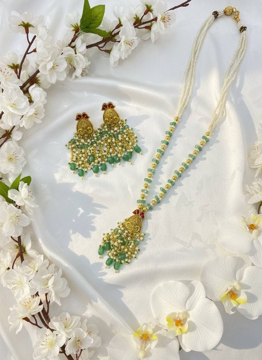 Apsara Pushpa Heritage Beaded Necklace Set | Green & Pearl Fusion | Antique Traditional Jewelry
