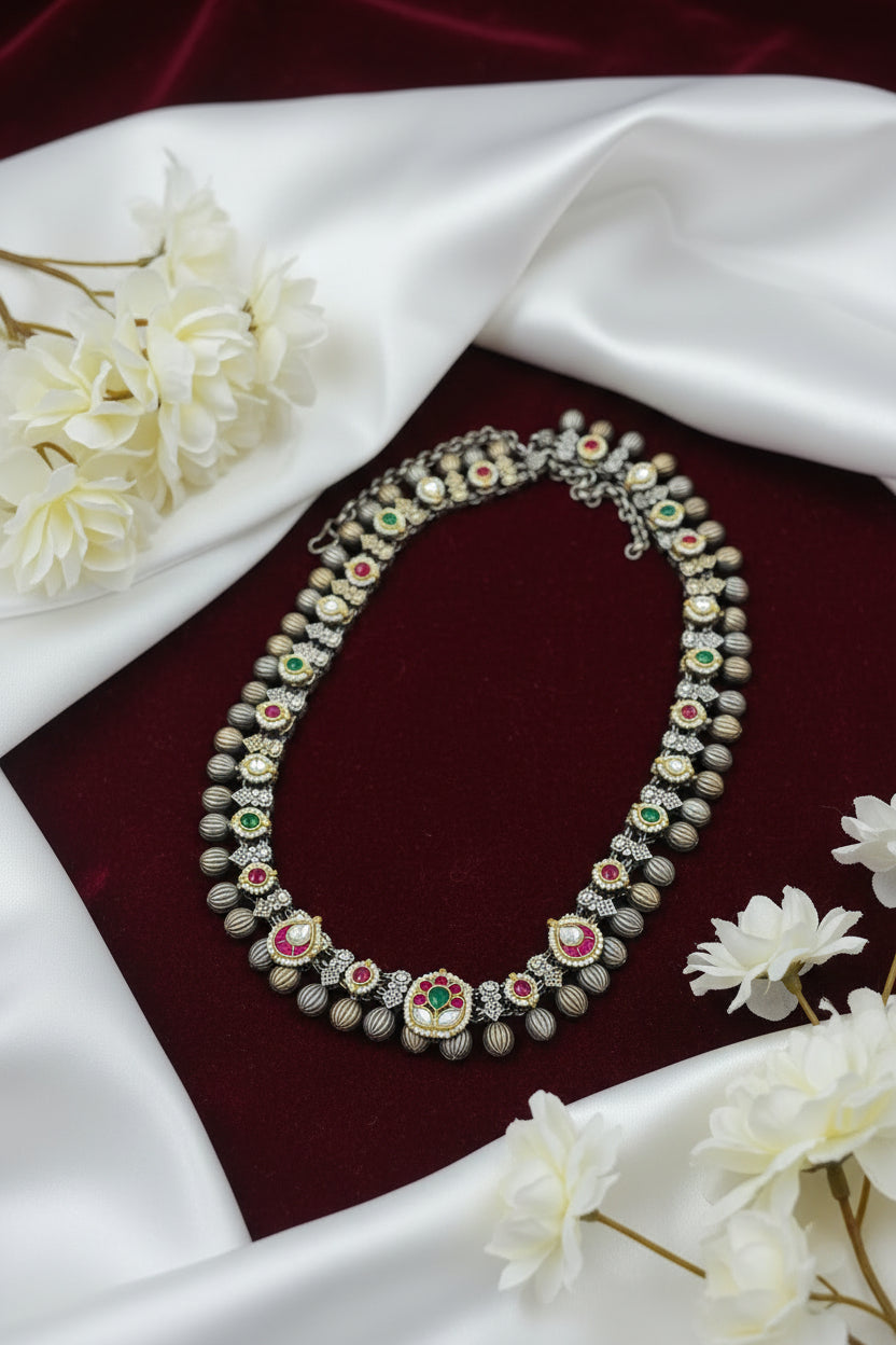 Ratnamanjari Kolhapuri Heritage Necklace | Pachi Kundan Fusion German Silver Necklace | Antique Statement Jewellery | Alankrent Luxe