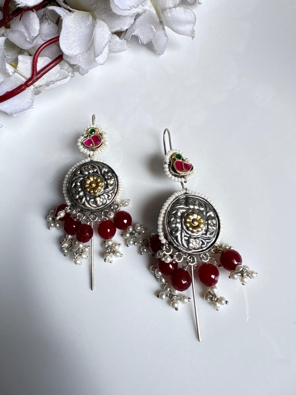 Mriganayani Dual Tone SLA Kundan Needle Earrings | Silver Look Pearl Beaded Ethnic Earrings for Women