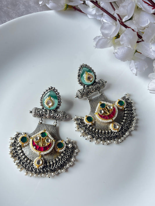 Handcrafted Oxidized Silver-Look Chandbali Earrings with Kundan, Meenakari & Pearl Drops