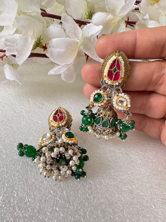 Grand Kundan & Pearl Jhumka Earrings with Emerald Green Beads | Traditional Indian Jewelry
