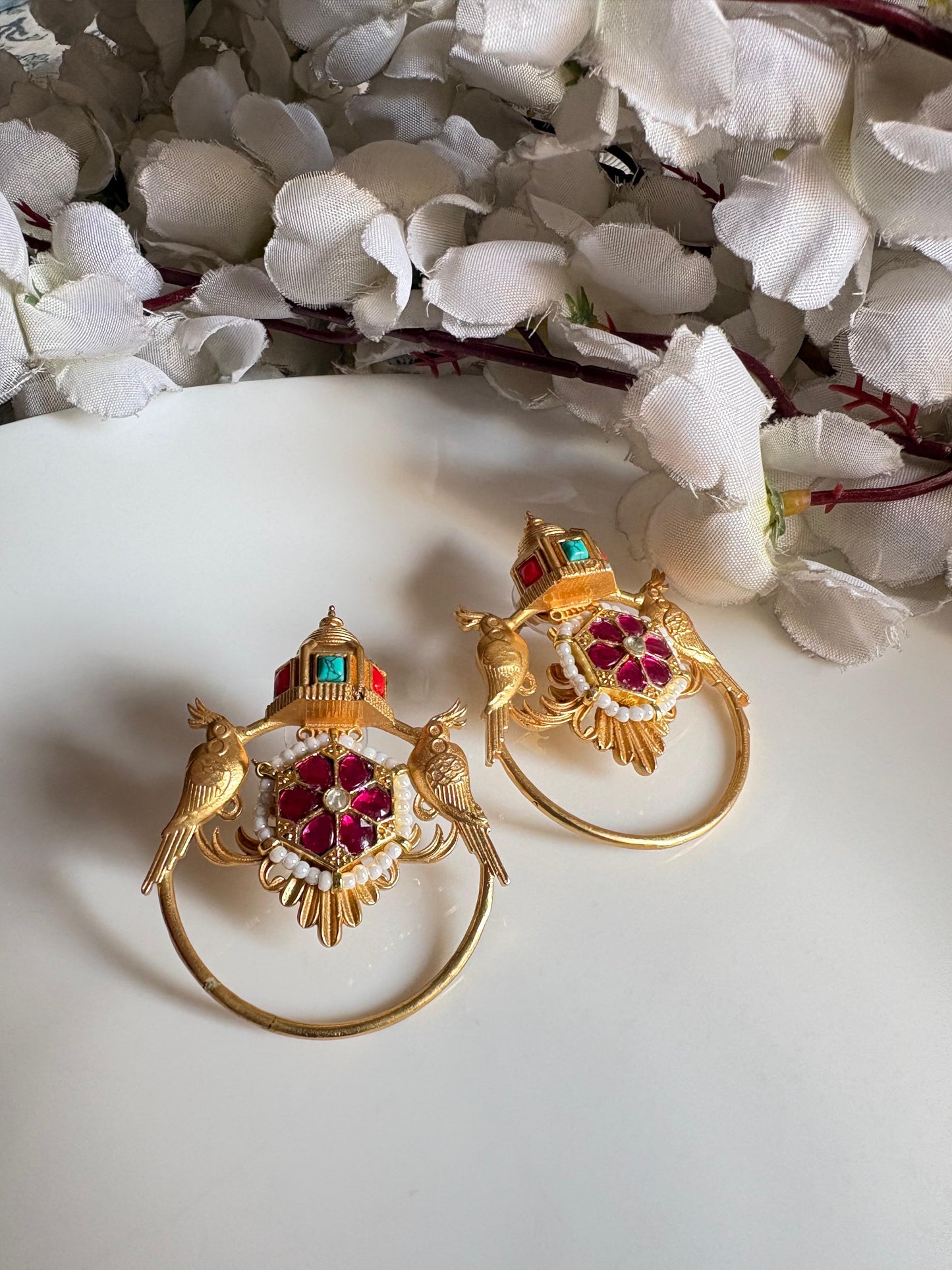 Temple-Inspired Kundan Statement Hoop Earrings with Bird Motifs | Alankrent
