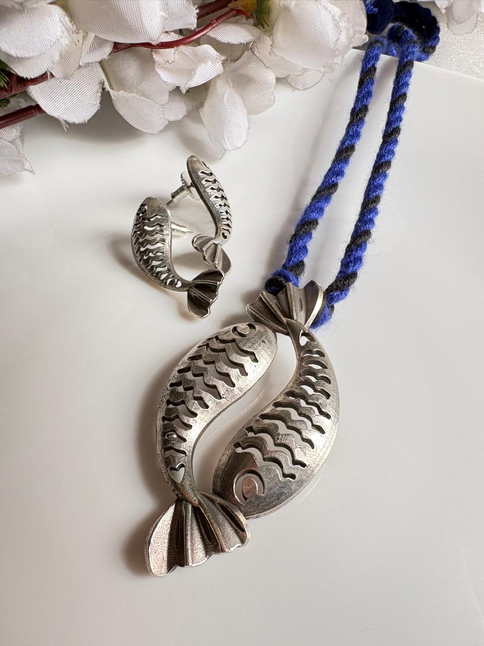 Matsyamala SLA Fish Pendant Set with Earrings | Antique Silver Fish Pendant Necklace with Colourful Thread Cord